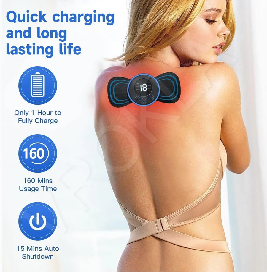 UK-0029 Full Body Mini Butterfly TENS Massager with 8 Modes, 19 Levels Electric Rechargeable Portable EMS Patch for Shoulder, Neck, Arms, Legs, Men/Women