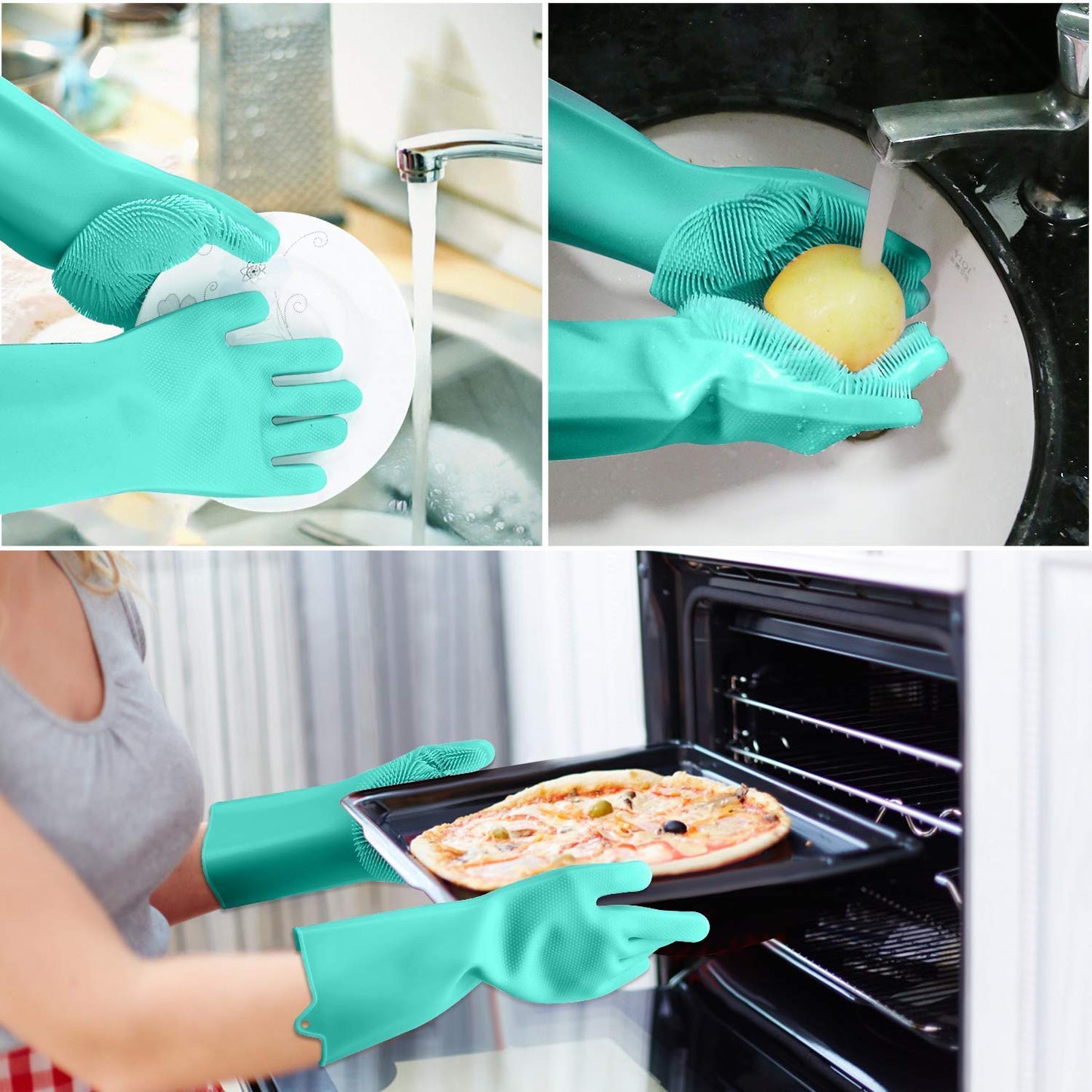 UK-0259 Silicone Gloves Wash Scrubber Gloves Reusable Cleaning Brush Gloves Heat Resistant Scrub Rubber Glove for Dish Washing