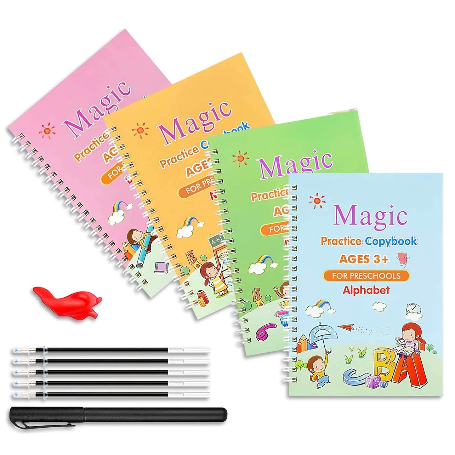 UK-0103  Magic Practice Copybook for Kids, Handwriting Workbook, Reusable Writing Practice Book for Preschools- Alphabet Number Math Drawing Groove Copybook | 4 Books with Pens, Refills