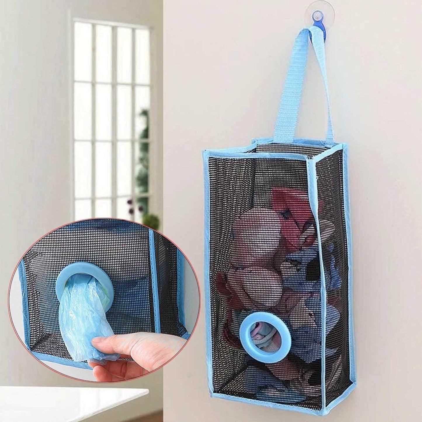 UK-0630 Garbage Bag Storage Breathable Mesh Hanging Holder Foldable Recycle Plastic Bag Organizer for Home and Kitchen