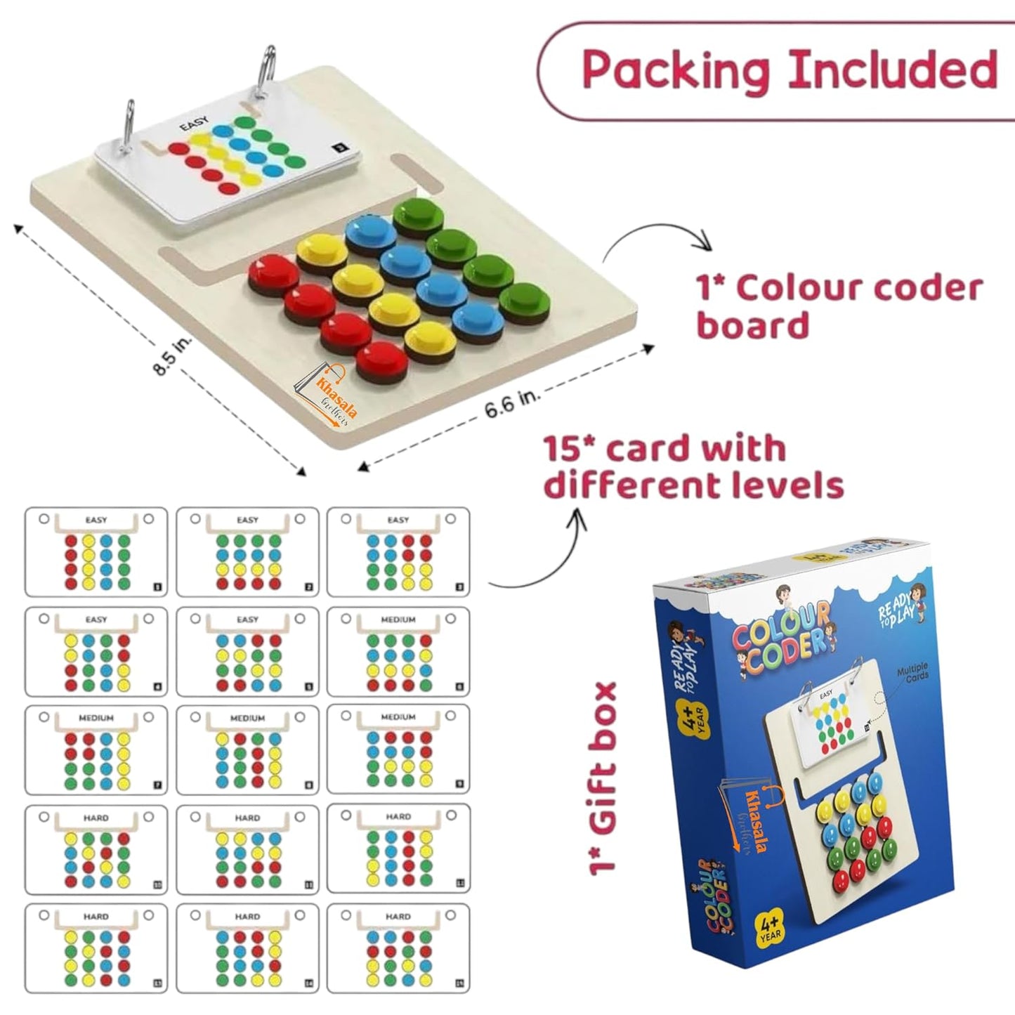 UK-1061 Colour Coder Wooden Montessori Slide Puzzle Game | 3 Difficulty Levels | Pattern Matching | Birthday Gift for Boys & Girls | Board Game