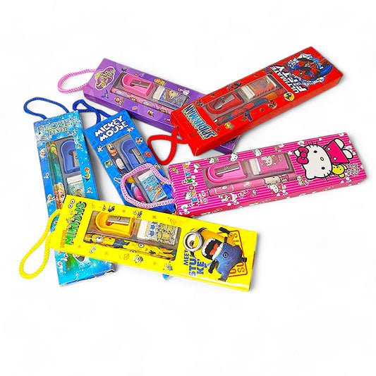 UK-0581 Birthday Party Return Gifts Mix Stationery Kit Set in a Fancy Box for Kids Pack of Pencil,Rubber, Scale and sharpner Cartoon Character (Pack of 6, Multicolor)