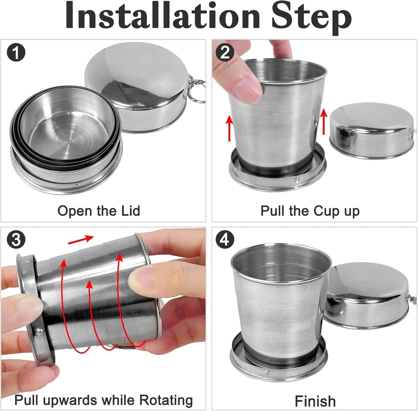 UK-1028 Steel Folding Cup, 120ml Small Portable Camping Mug Drink Cup with Lid & Keychain for Outdoor Adventures Travel Camping Hiking Pocket Size Reusable Space-Saving Travel Cup