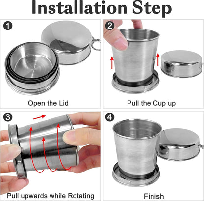 UK-1028 Steel Folding Cup, 120ml Small Portable Camping Mug Drink Cup with Lid & Keychain for Outdoor Adventures Travel Camping Hiking Pocket Size Reusable Space-Saving Travel Cup
