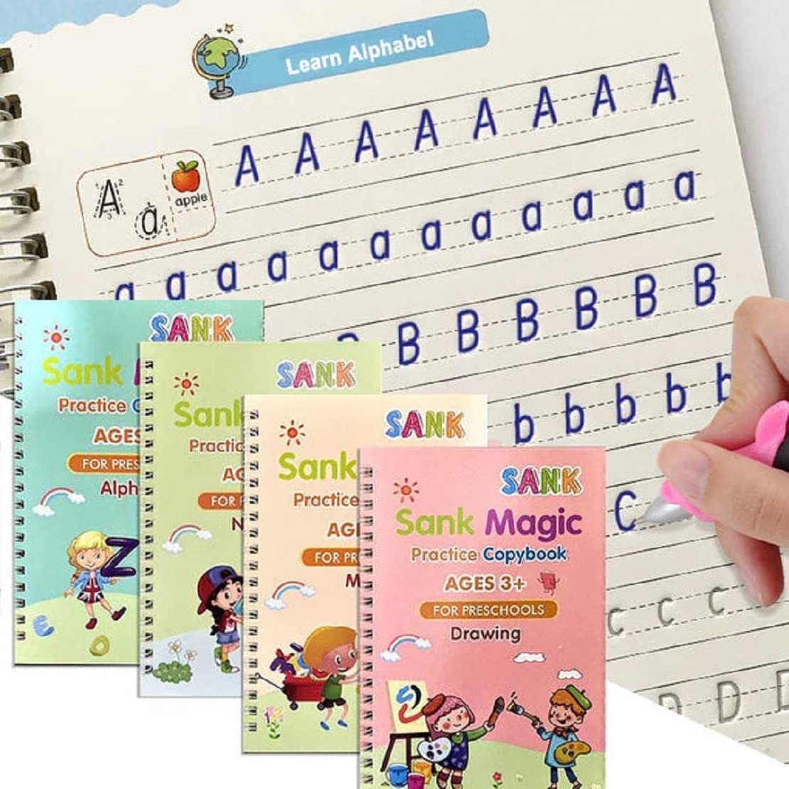 UK-0103  Magic Practice Copybook for Kids, Handwriting Workbook, Reusable Writing Practice Book for Preschools- Alphabet Number Math Drawing Groove Copybook | 4 Books with Pens, Refills