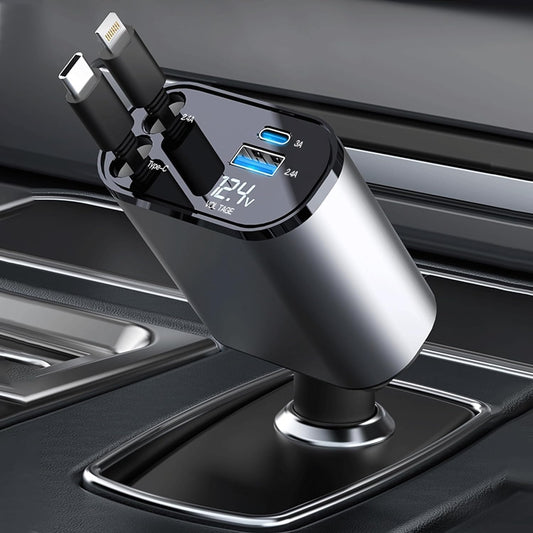 UK-0980 4-in-1 Retractable Car Charger, Fast Charge, with  Retractable Cables and Dual USB Ports, Compatible with All iPhone, iPad, Pixel, Tablets, All Android Phones