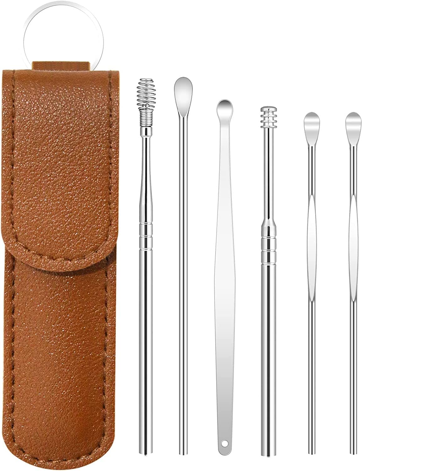 6-in-1 Ear Wax Cleaner- Resuable Ear Cleaning Tools Leather Pouch - Ear Pick Wax Remover Tool Kit with Ear Curette Cleaner and Spring Ear Buds Cleaner Fit in Pocket Great for Traveling