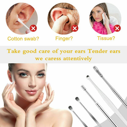 6-in-1 Ear Wax Cleaner- Resuable Ear Cleaning Tools Leather Pouch - Ear Pick Wax Remover Tool Kit with Ear Curette Cleaner and Spring Ear Buds Cleaner Fit in Pocket Great for Traveling