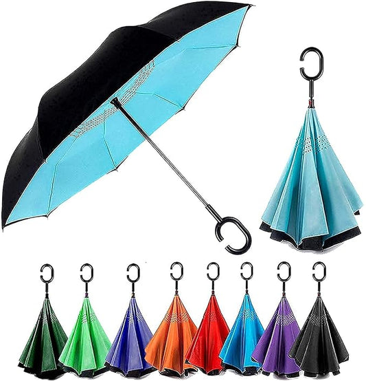 UK-0893 Windproof Reverse Umbrella Foldable Umbrella For Travel Umbrella For Men And Women(PLAIN-Multicolor)