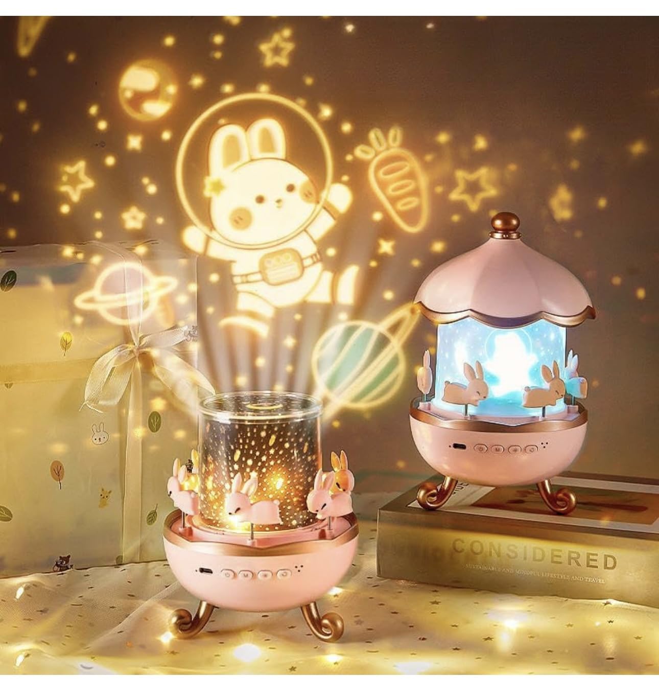 UK-0876 Rabbit Night Light Projector, 360° Rotatable 6 Films Shade Rechargeable LED Night Light Lamp for Kids Room, Nursery Room Decor, Birthday Decor Gift for Kids (Light Projector)