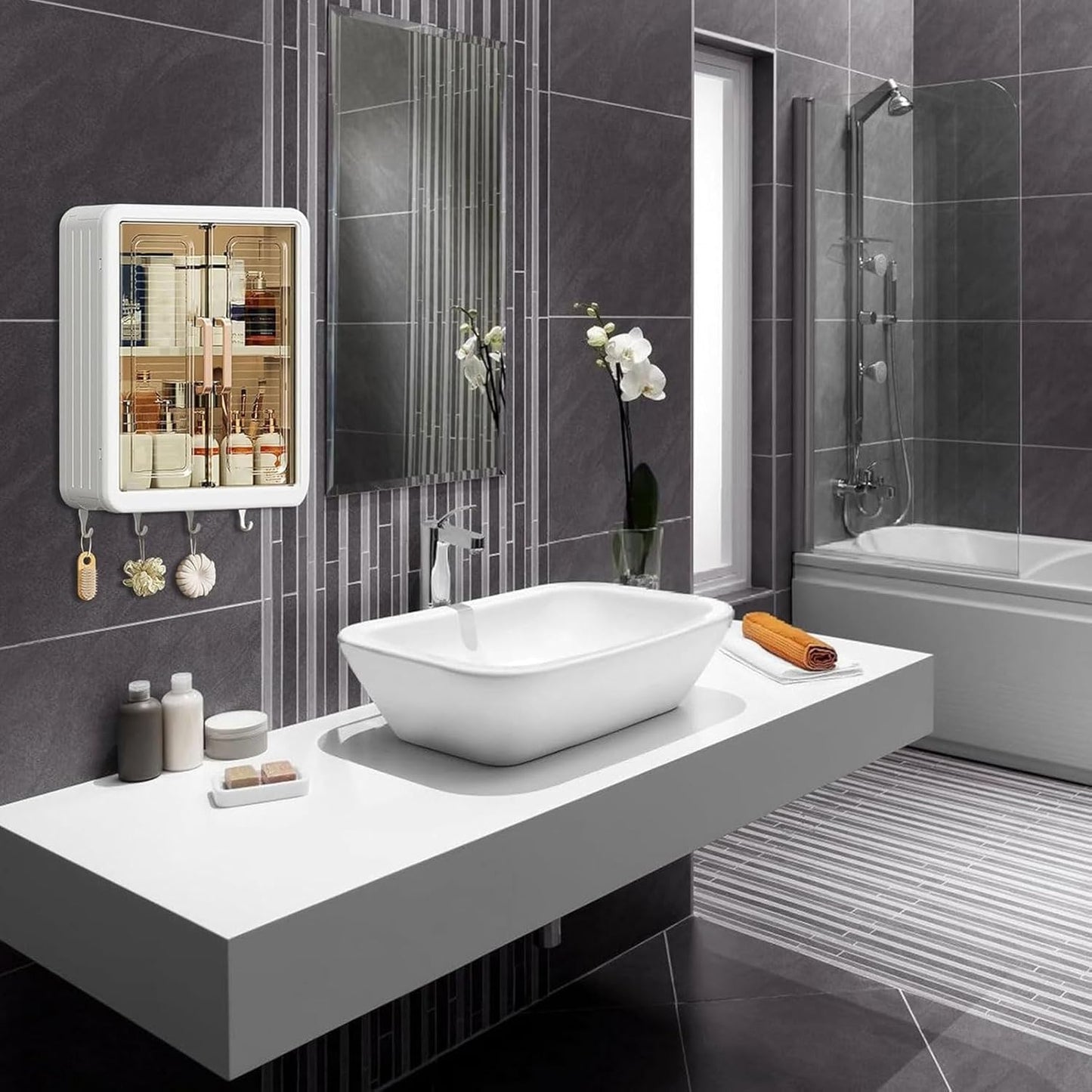 UK-1033 Plastic Wall Mounted Storage Cabinet for Kitchen and Bathroom Organizer with Adjustable Shelves & Door| Self-Adhesive No-Drill Bathroom Cupboard