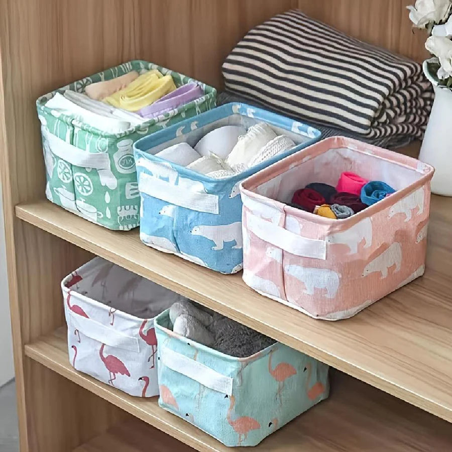 UK-0049 Canvas Fabric Foldable Mini Storage Basket - Small Collapsible Canvas Containers Organizers With Handle For Home-Multi Design