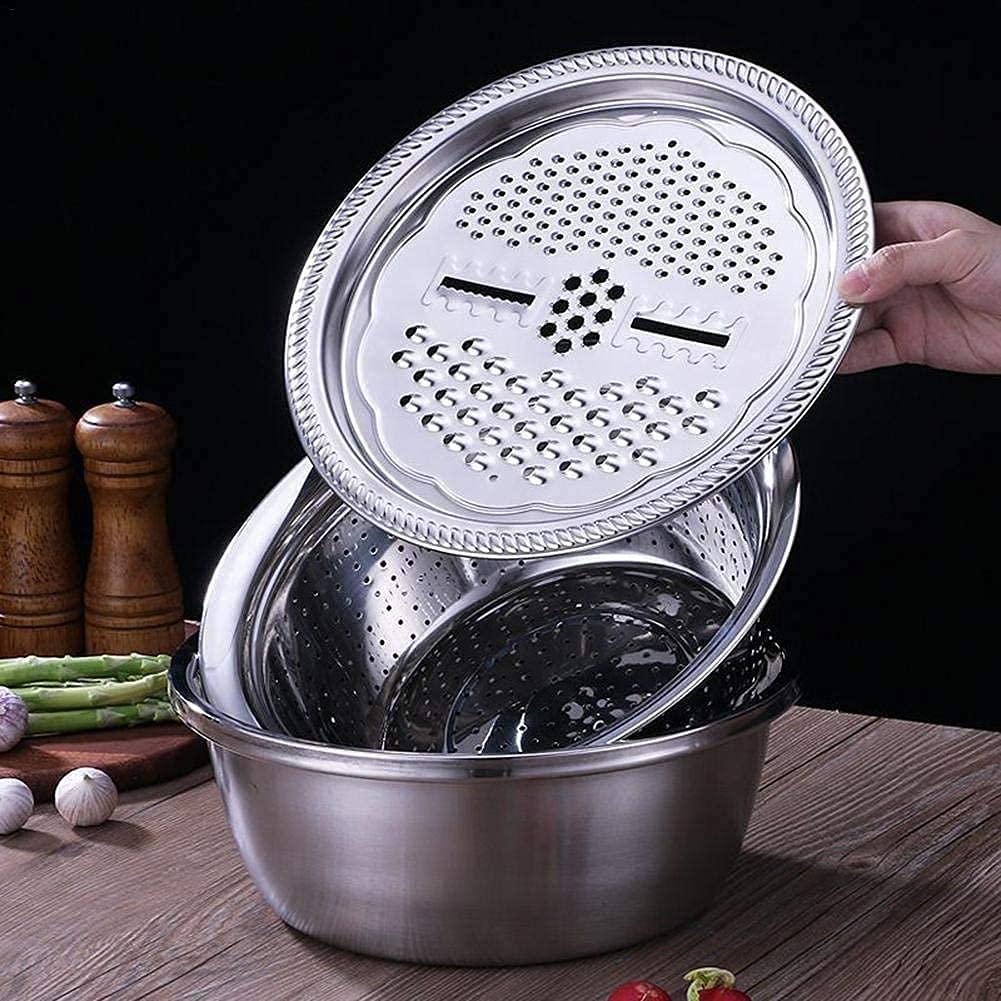 UK-0402 3 in 1 Kitchen Multipurpose Julienne Grater Salad Stainless Steel Maker Bowl, Drain Basket, Julienne Graters for Vegetable Cutter