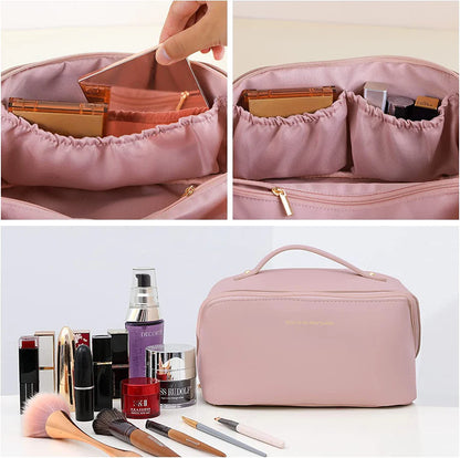 UK-0026 Cosmetic Travel Bag Large Capacity , Portable Leather Makeup Storage Bags with Handle and Divider, Wide Opening Cosmetic/Makeup Organizer