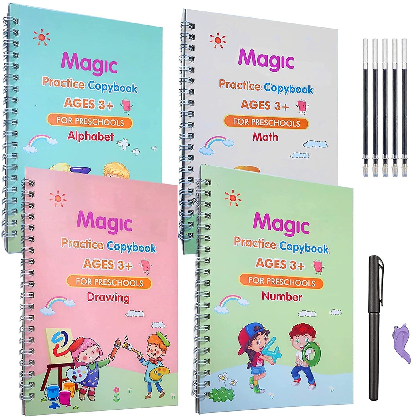 UK-0103  Magic Practice Copybook for Kids, Handwriting Workbook, Reusable Writing Practice Book for Preschools- Alphabet Number Math Drawing Groove Copybook | 4 Books with Pens, Refills