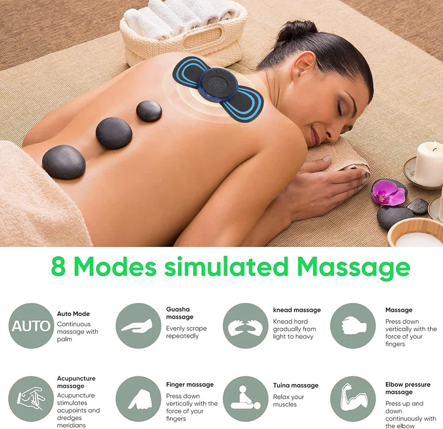 UK-0029 Full Body Mini Butterfly TENS Massager with 8 Modes, 19 Levels Electric Rechargeable Portable EMS Patch for Shoulder, Neck, Arms, Legs, Men/Women