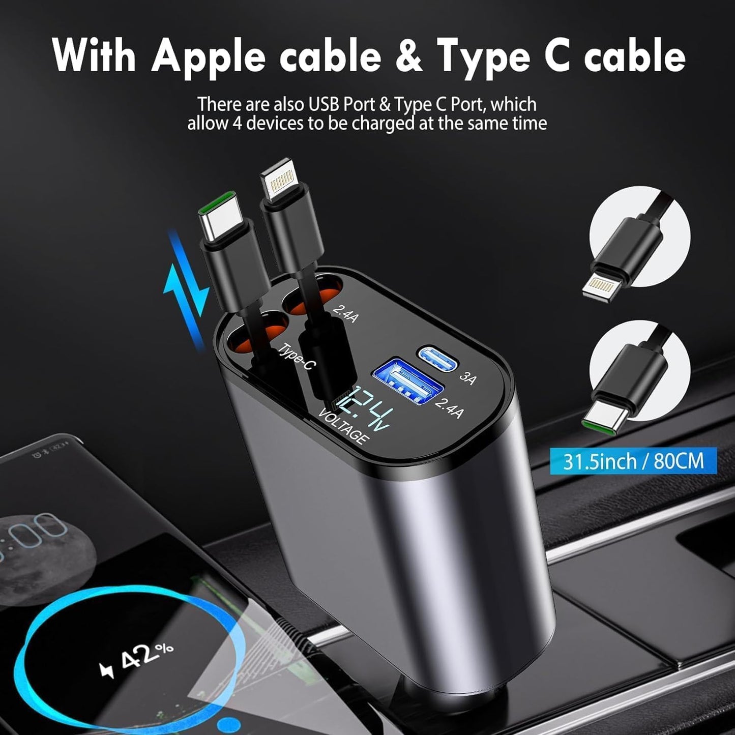 UK-0980 4-in-1 Retractable Car Charger, Fast Charge, with  Retractable Cables and Dual USB Ports, Compatible with All iPhone, iPad, Pixel, Tablets, All Android Phones