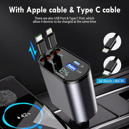 UK-0980 4-in-1 Retractable Car Charger, Fast Charge, with  Retractable Cables and Dual USB Ports, Compatible with All iPhone, iPad, Pixel, Tablets, All Android Phones
