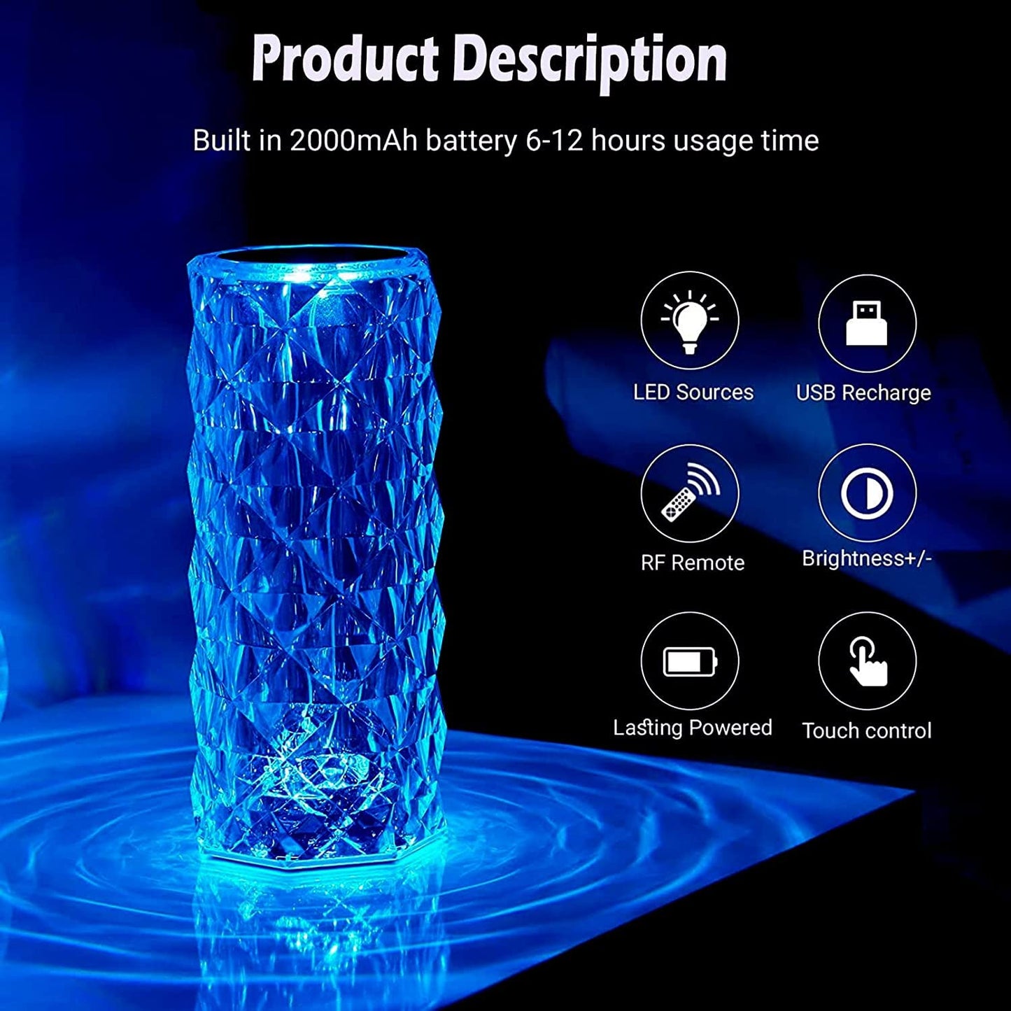 UK-0228 rystal Lamp,16 Color Changing Rose Crystal Diamond Table Lamp,USB Rechargeable Touch Bedside Lamp Night Light with Remote Control, for Bedroom Living Room Party Dinner Decor