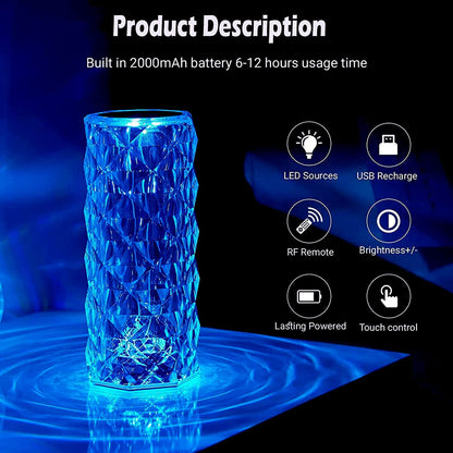 UK-0228 rystal Lamp,16 Color Changing Rose Crystal Diamond Table Lamp,USB Rechargeable Touch Bedside Lamp Night Light with Remote Control, for Bedroom Living Room Party Dinner Decor