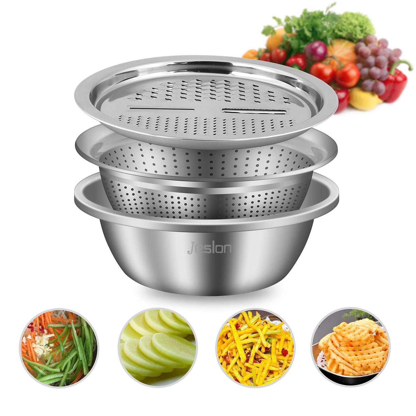 UK-0402 3 in 1 Kitchen Multipurpose Julienne Grater Salad Stainless Steel Maker Bowl, Drain Basket, Julienne Graters for Vegetable Cutter