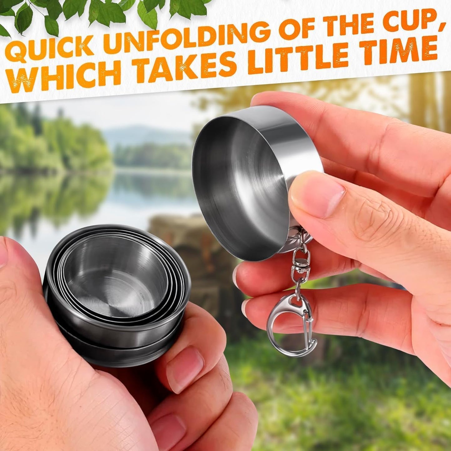 UK-1028 Steel Folding Cup, 120ml Small Portable Camping Mug Drink Cup with Lid & Keychain for Outdoor Adventures Travel Camping Hiking Pocket Size Reusable Space-Saving Travel Cup