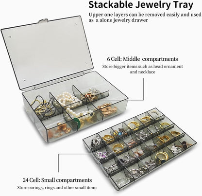 UK-0355  Clear Acrylic Jewelry Organizer Box with 2 Drawers and 30 Compartments, Small Dustproof Jewelry Box for Women and Girls, Earring Display Holder