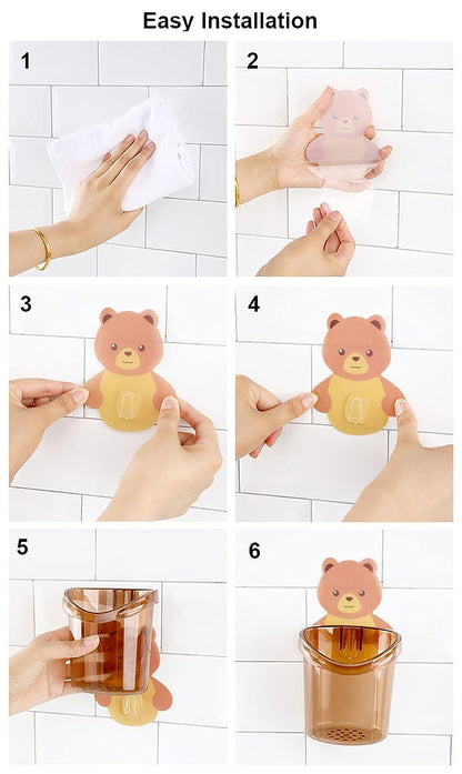 UK-0287 Teddy Bear Tooth Brush Holder - Self Adhesive Wall Mounted Multipurpose Teddy Bear Toothbrush Holder Cup with Strong Adhesive Sticker