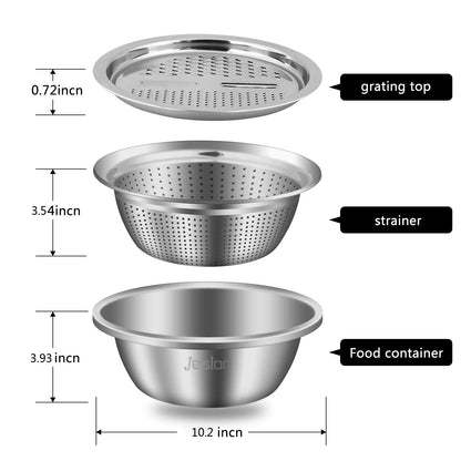 UK-0402 3 in 1 Kitchen Multipurpose Julienne Grater Salad Stainless Steel Maker Bowl, Drain Basket, Julienne Graters for Vegetable Cutter