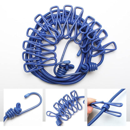 UK-0290 Rope with 12 Clips and 2 Hooks Durable Portable Outdoor Travel Clothesline Rope Clothes Hanging Hook (Multicolor)