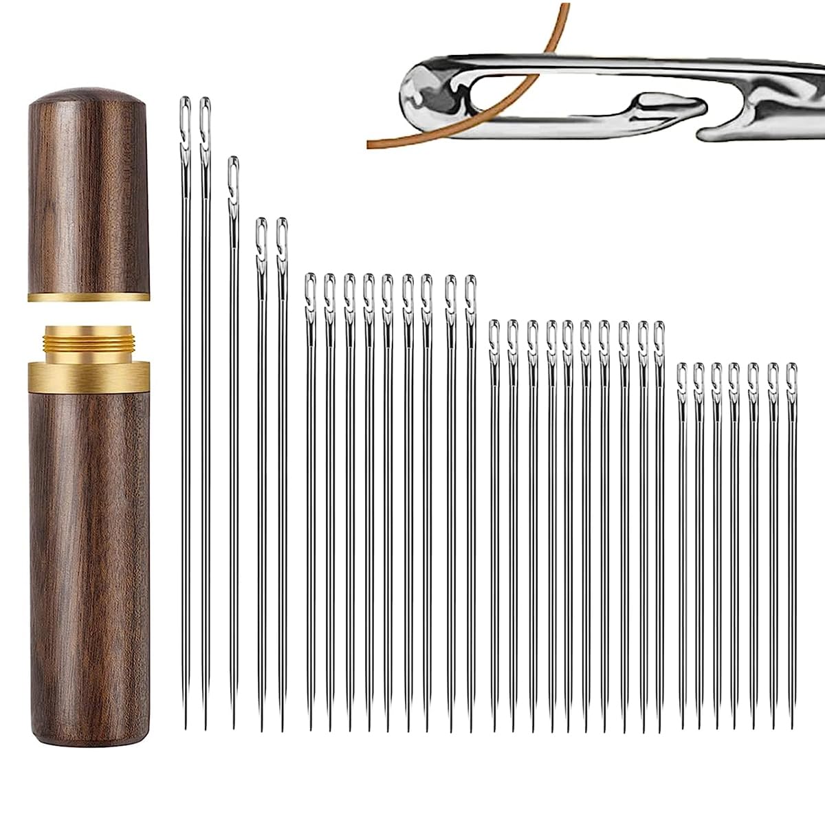 UK-1092 30pcs Self-Threading Quilting Needles With Wooden Case - Long Needles of Various Sizes for Quilting, Embroidery, Hand Sewing