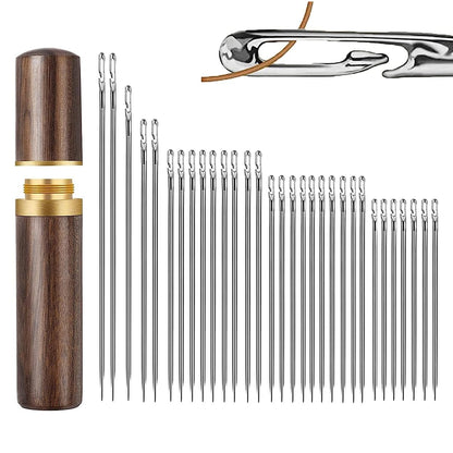 UK-1092 30pcs Self-Threading Quilting Needles With Wooden Case - Long Needles of Various Sizes for Quilting, Embroidery, Hand Sewing