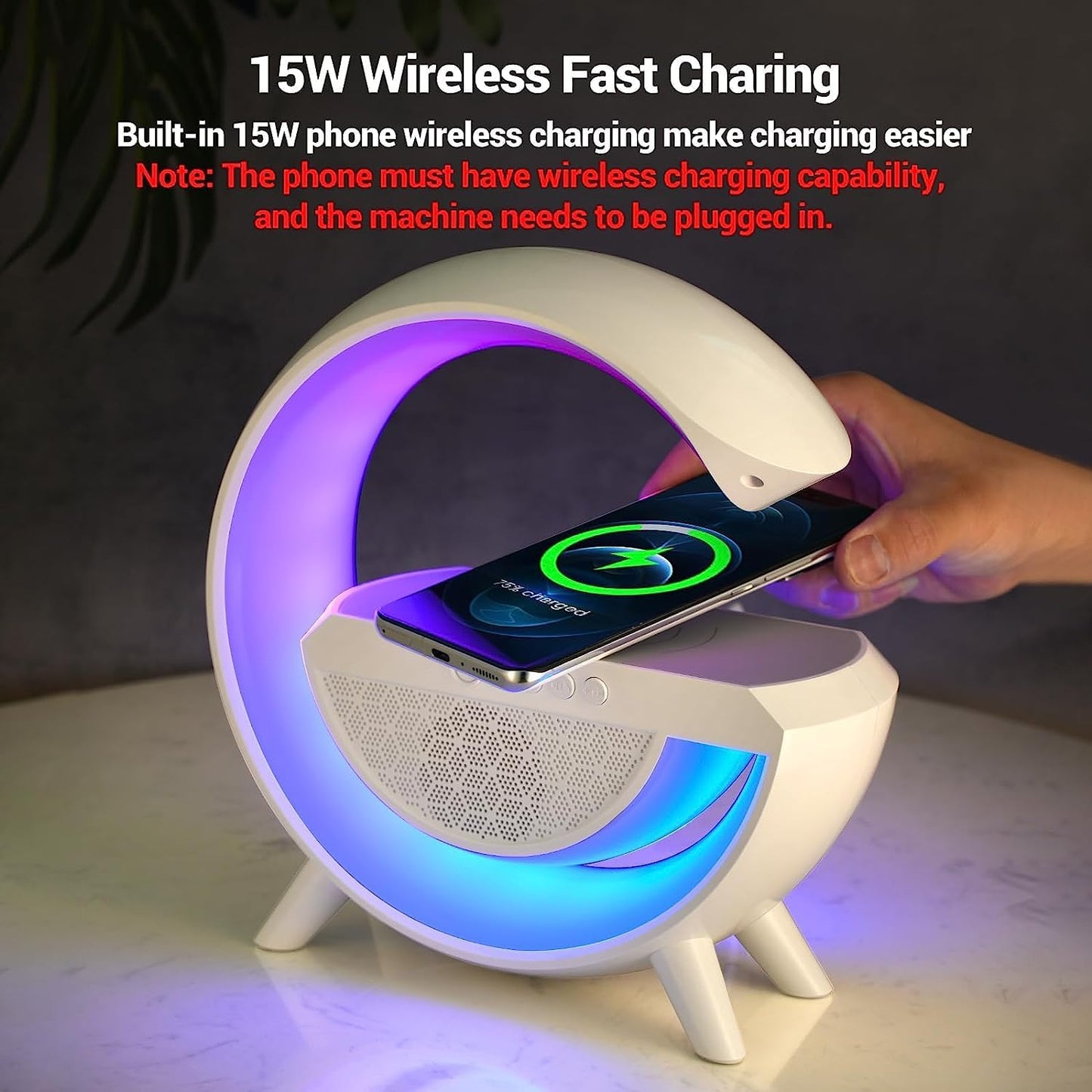 UK-0333 G-Shape Atmosphere Lamp Bluetooth Speaker Desk Table Lamp with Wireless Charger LED Light | FM Radio | 7 Light Colour Modes | Bluetooth Music |15W Fast Charging (Multicolor)