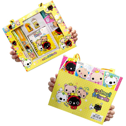 UK-0569 Cartoon Print Stationary Set for Girls/Boys | Pencil Rubber Ruler Sharpener Book and Geometry Box Cute Cartoon Stationery Set