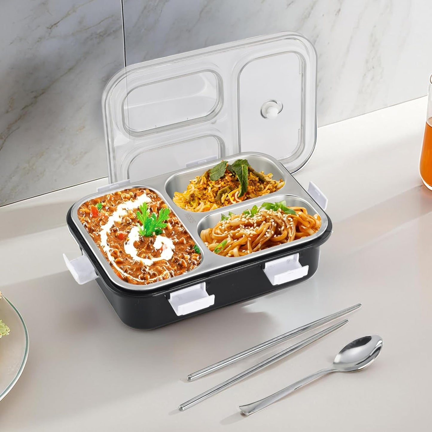 UK-0885 3 Compartment Stainless Steel Lunch Box 750ML, Lunch Box with Steel Cutlery Inside, Heating & Water Insulation for School Kids and Adults Office