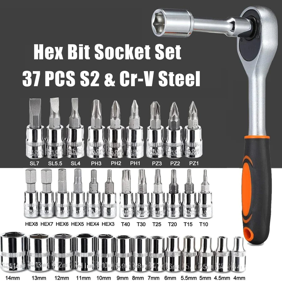 UK-0066 46 in 1 Heavy Duty 1/4" Combinational Ratchet Socket Wrench Spanner 46 Pieces Chrome Vanadium Hand Tool Kit Set For Repairing Work, DIY, Auto Repairs Car & Bike