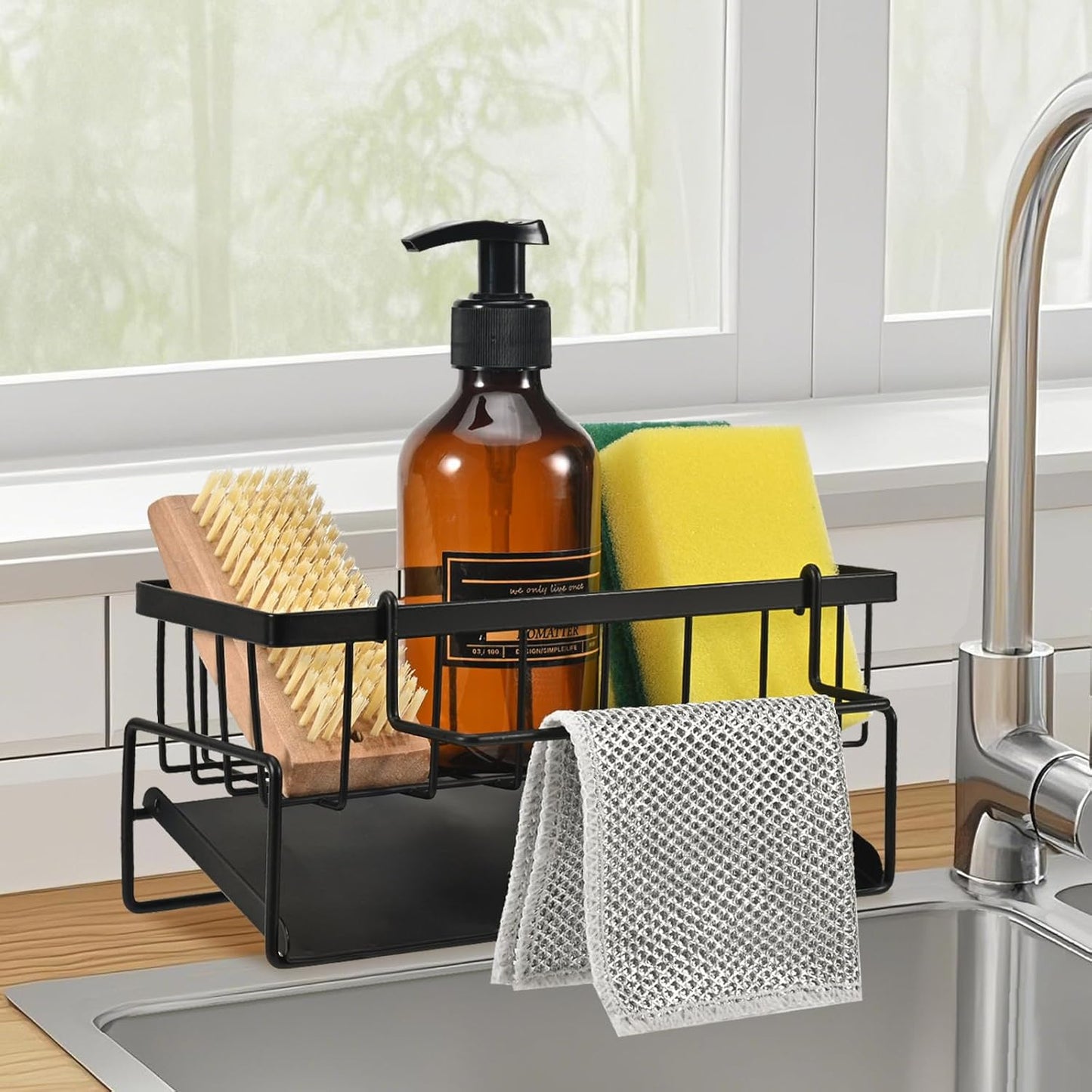 UK-1069 Sink Storage Rack, Kitchen Organiser, Stainless Steel Storage Box with Drip Tray, Suitable for Storing Sponges, Towels and Tea Towels