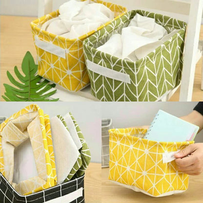 UK-0049 Canvas Fabric Foldable Mini Storage Basket - Small Collapsible Canvas Containers Organizers With Handle For Home-Multi Design