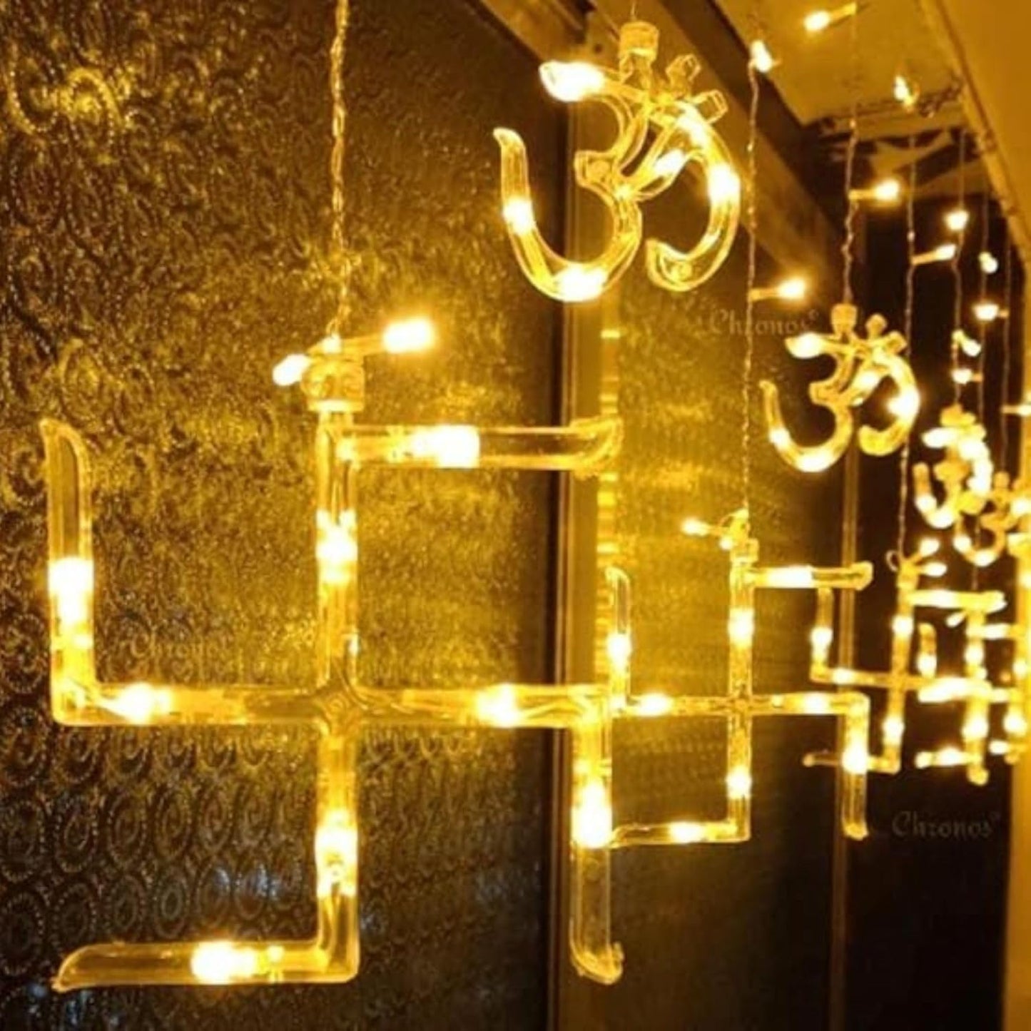 UK-0648 SWASTIK OM Curtain LED Lights for Diwali , Curtain String Lights with 8 Flashing Modes, Decoration for Christmas, Wedding, Party