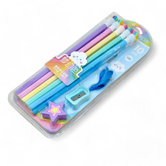 UK-0580 Rainbow Colour Unicorn Theme Stationery HB Pencil Rubber Tip Sharpener and Pencil Grip Set for Sketching Writing for Kids Children School Student Office Return Gifts (10 Pcs)