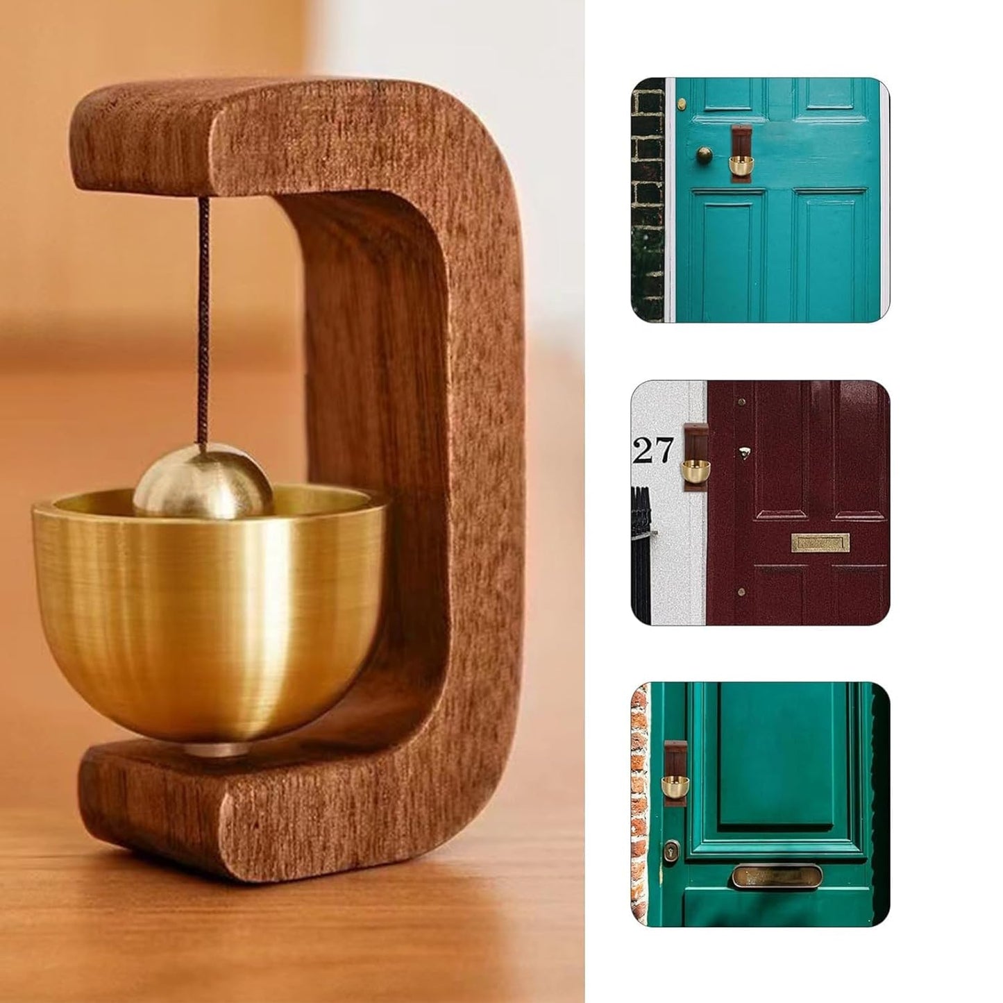 UK-0904 Wooden Door Chime with Brass Bell, Dopamine Door Bell for Home, Self-Adhesive Magnetic Doorbell, Serene Acoustic for Home & Shop, Shopkeepers Door Chime, Ideal Housewarming Gift