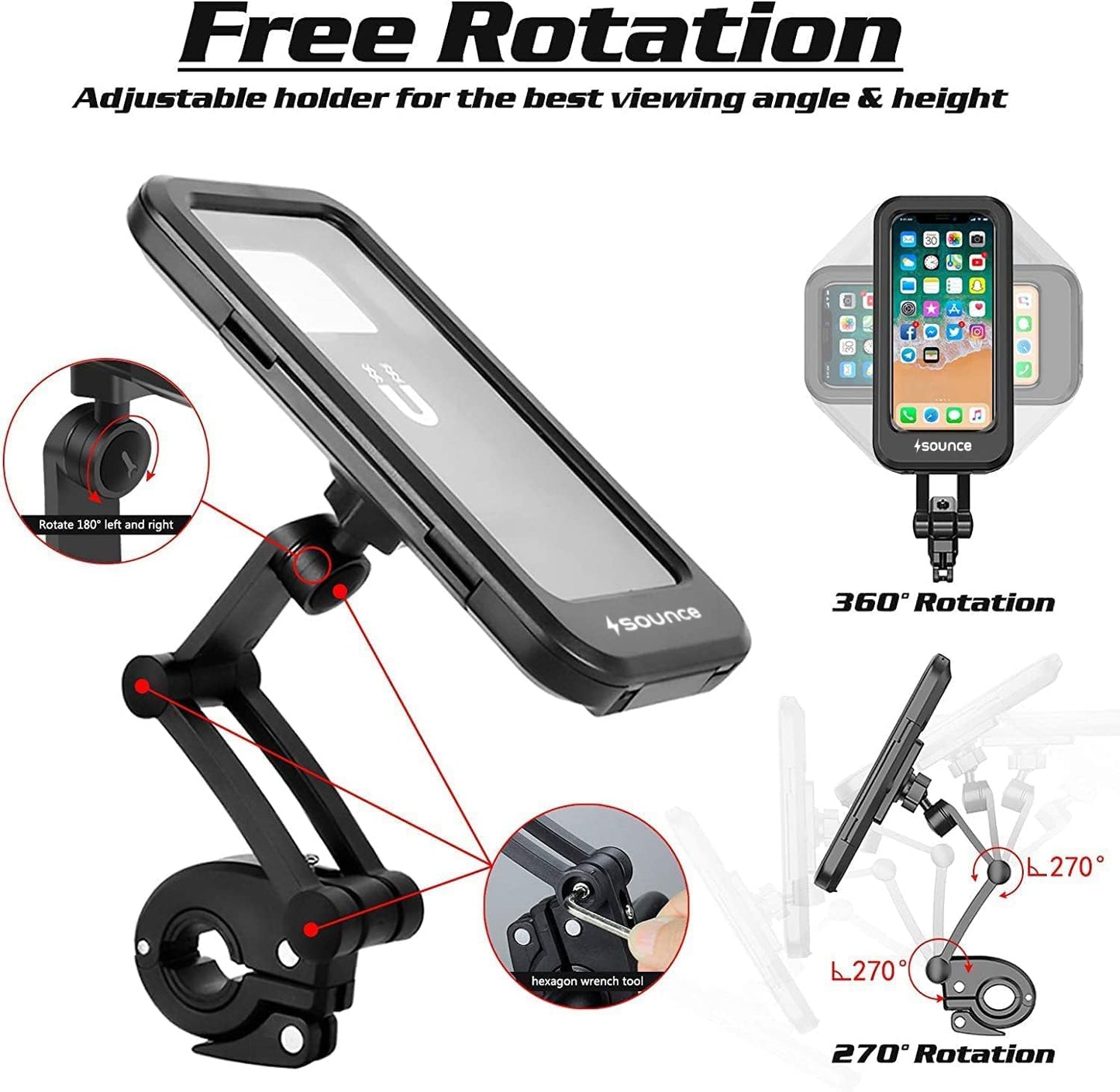 UK-1083 Bike Phone Mount Waterproof Phone Holder 360° Rotation Universal Handlebar Mount for 4-7.2 Inch Smartphones Bike Mobile Stand