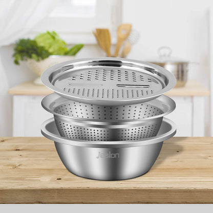 UK-0402 3 in 1 Kitchen Multipurpose Julienne Grater Salad Stainless Steel Maker Bowl, Drain Basket, Julienne Graters for Vegetable Cutter