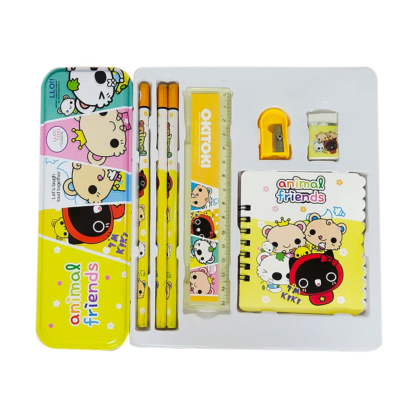 UK-0569 Cartoon Print Stationary Set for Girls/Boys | Pencil Rubber Ruler Sharpener Book and Geometry Box Cute Cartoon Stationery Set