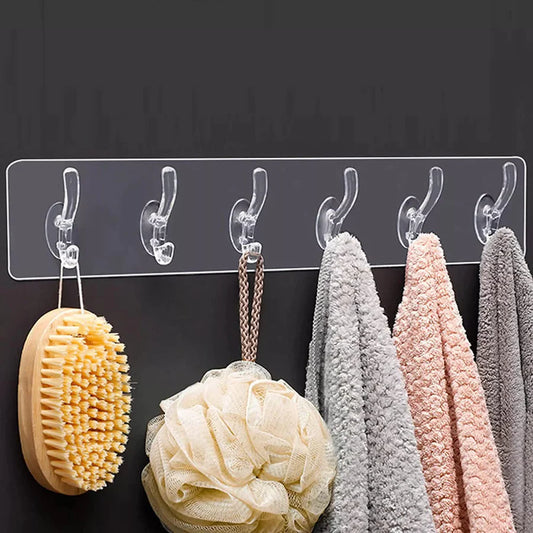 UK-0033 Wall Hanger Hooks for Hanging Clothes Strong Self Adhesive Magic Sticker Home Kitchen Office Bathroom Bedroom Door Organizers Accessories Items (TRANSPARENT-6-HOOK-HANGER)