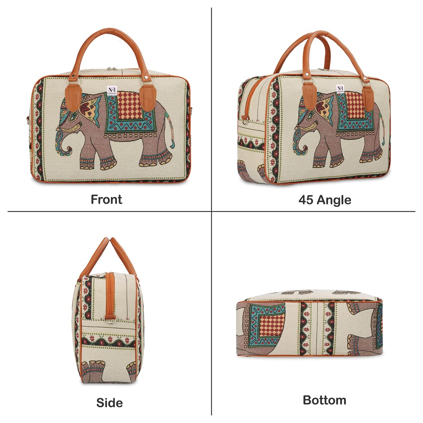 UK-1034 Canvas Duffle Travel Bag for Men and Women, Handmade Indian Ethnic Elephant Print Single Compartment Luggage Travelling Duffel for Women, Stylish Cabin Size Air Hand Bag