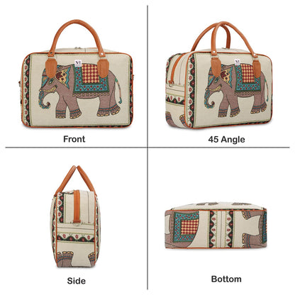 UK-1034 Canvas Duffle Travel Bag for Men and Women, Handmade Indian Ethnic Elephant Print Single Compartment Luggage Travelling Duffel for Women, Stylish Cabin Size Air Hand Bag