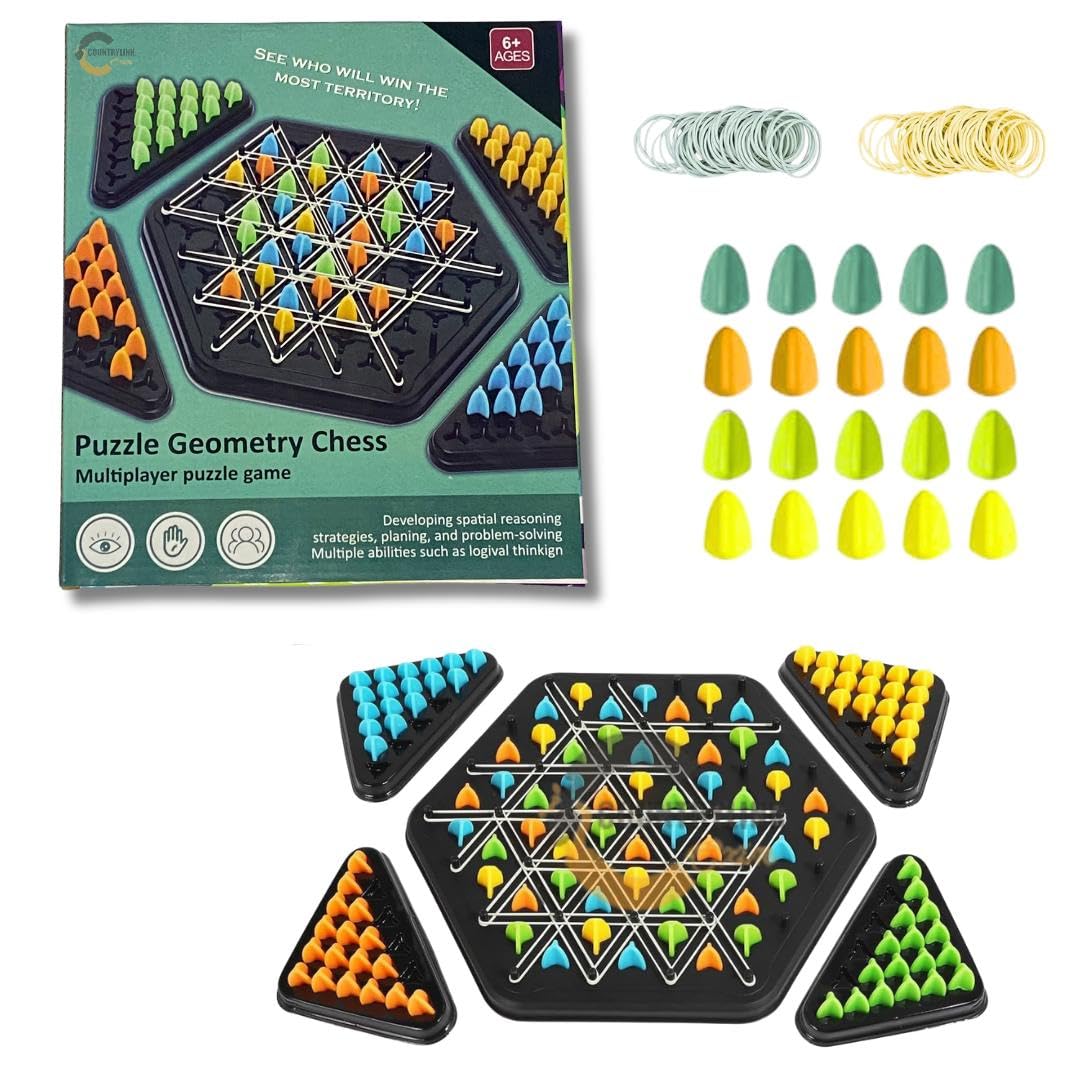 UK-1046 Geometry Chess Game – Rubber Band Strategy Puzzle Board for Kids & Family | STEM Brain Development Triangle Game | Colourful Pegs | Logical Thinking Toy 2-4 Players