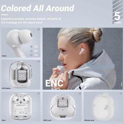 UK-0550  Ultrapod Wireless Bluetooth In Ear Earbuds, Transparent Charging Case, Active Noise Cancellation, Led Digital Display, Bluetooth Earphones, Touch Control