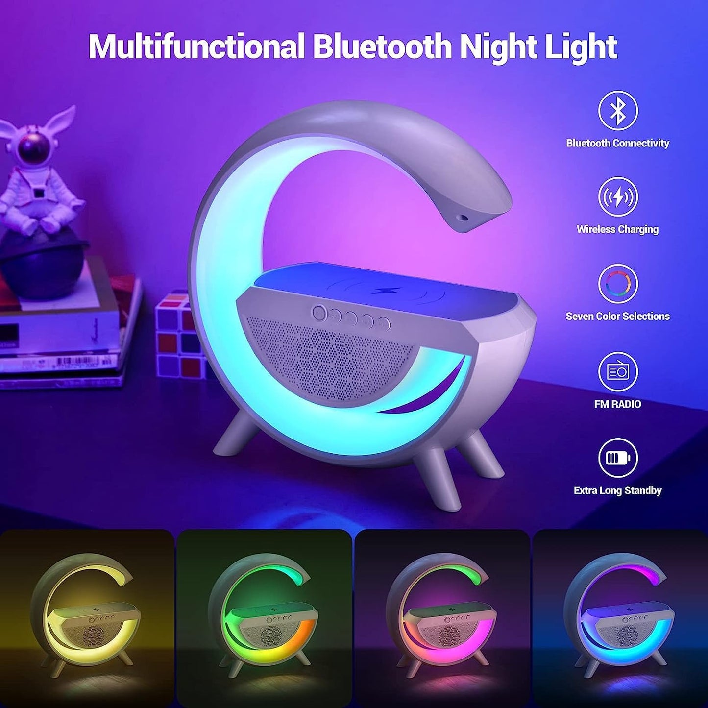 UK-0333 G-Shape Atmosphere Lamp Bluetooth Speaker Desk Table Lamp with Wireless Charger LED Light | FM Radio | 7 Light Colour Modes | Bluetooth Music |15W Fast Charging (Multicolor)